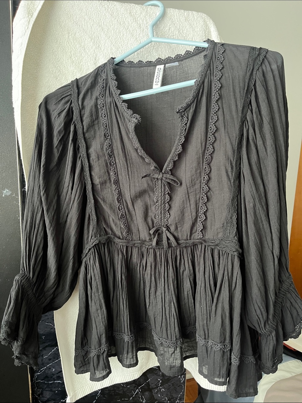 Brandy Melville Black Lace-Trim Peasant Top
